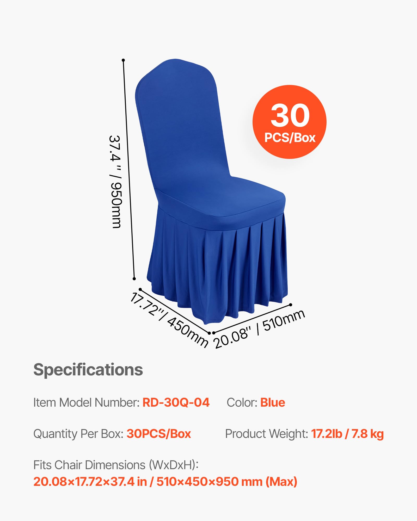 VEVOR Fundas Sillas de Comedor 30 Piezas, Funda para Sillones Elástica de Poliéster y Elastano, para Sillas de hasta 51 x 45 x 95 cm, Diseño de Falda, Tela Suave, para Boda, Fiestas, Banquetes, Azul
