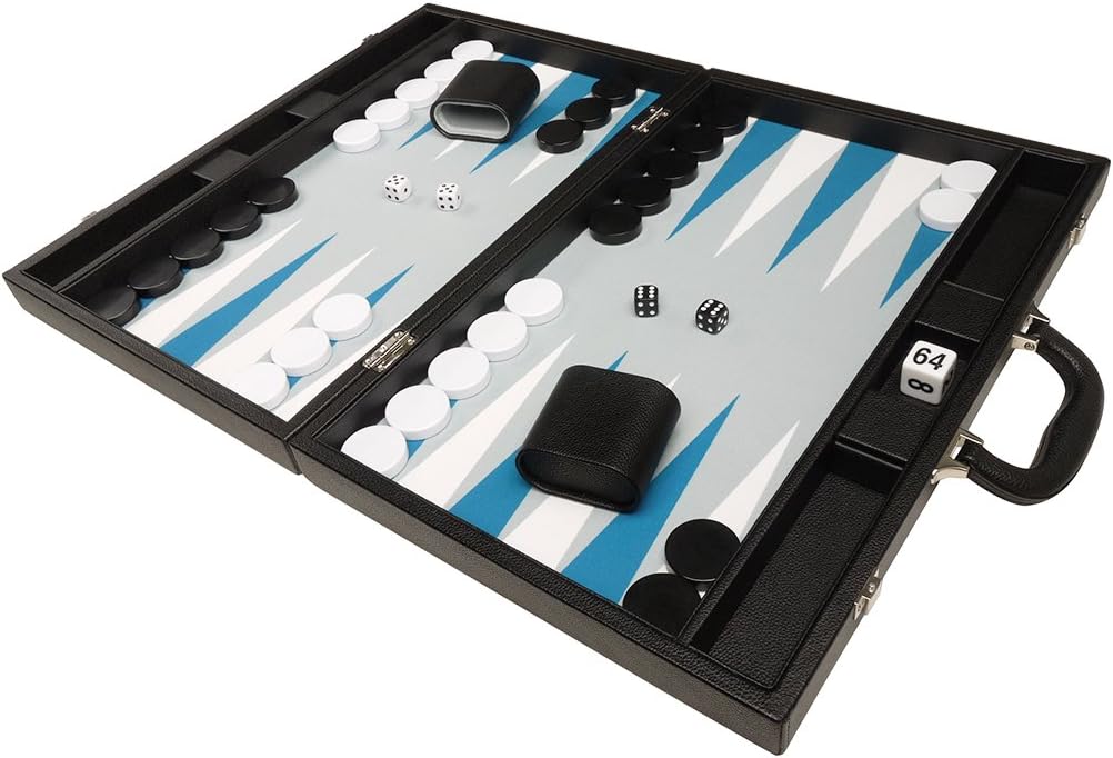 Top Rated 19-inch Premium Backgammon Set - Large Size - Black with White and Astral Blue Points