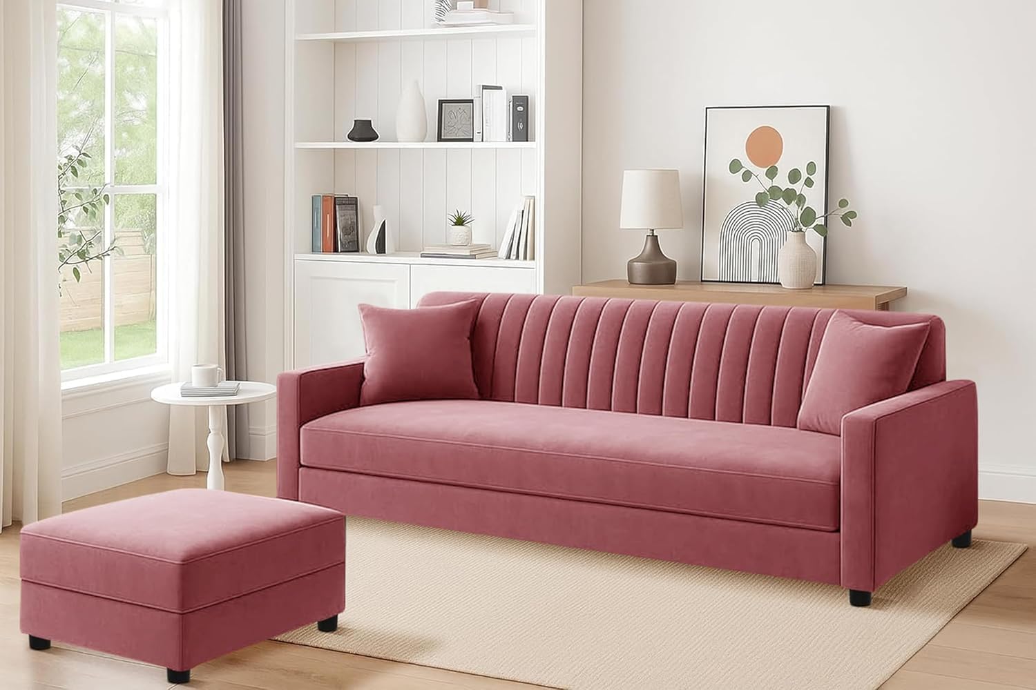 Rosebell Three Seater Sofa Set with Ottoman, Upholstered Couch with Matching Footrest, Modern Comfortable Seating for Living Room Bedroom Home Furniture - Rose Pink-image-10
