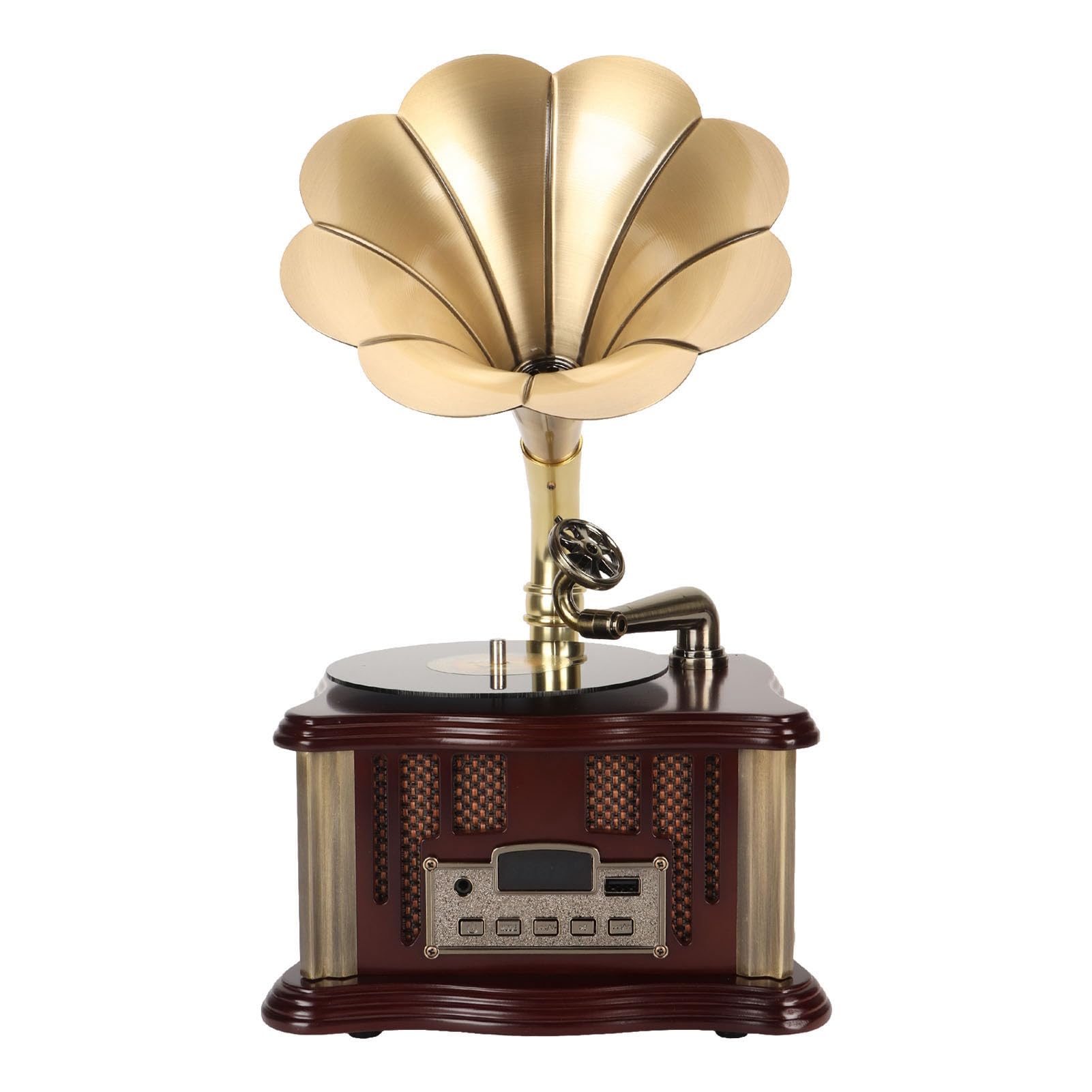 Vintage Gramophone Speaker, Dual Speakers5.0 USB Remote Control FM Radio, Mini ClassicSpeaker StereoRetro Vintage Record Player Home Room Decor (Coffee)