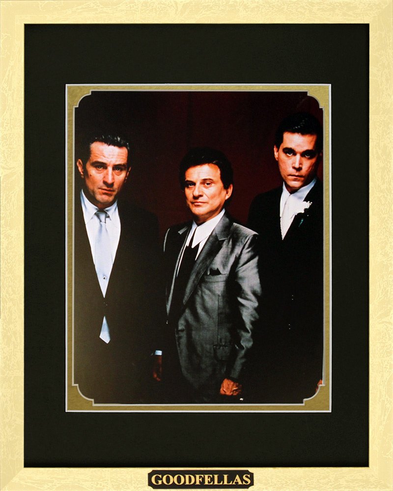 Goodfellas Movie Memorabilia Robert De NIRO, Ray Liotta, Joe Pesci Framed Movie Photo with Plate Custom Made Real Wood Modern Gold Frame (12 1/2 x 15 1/2")