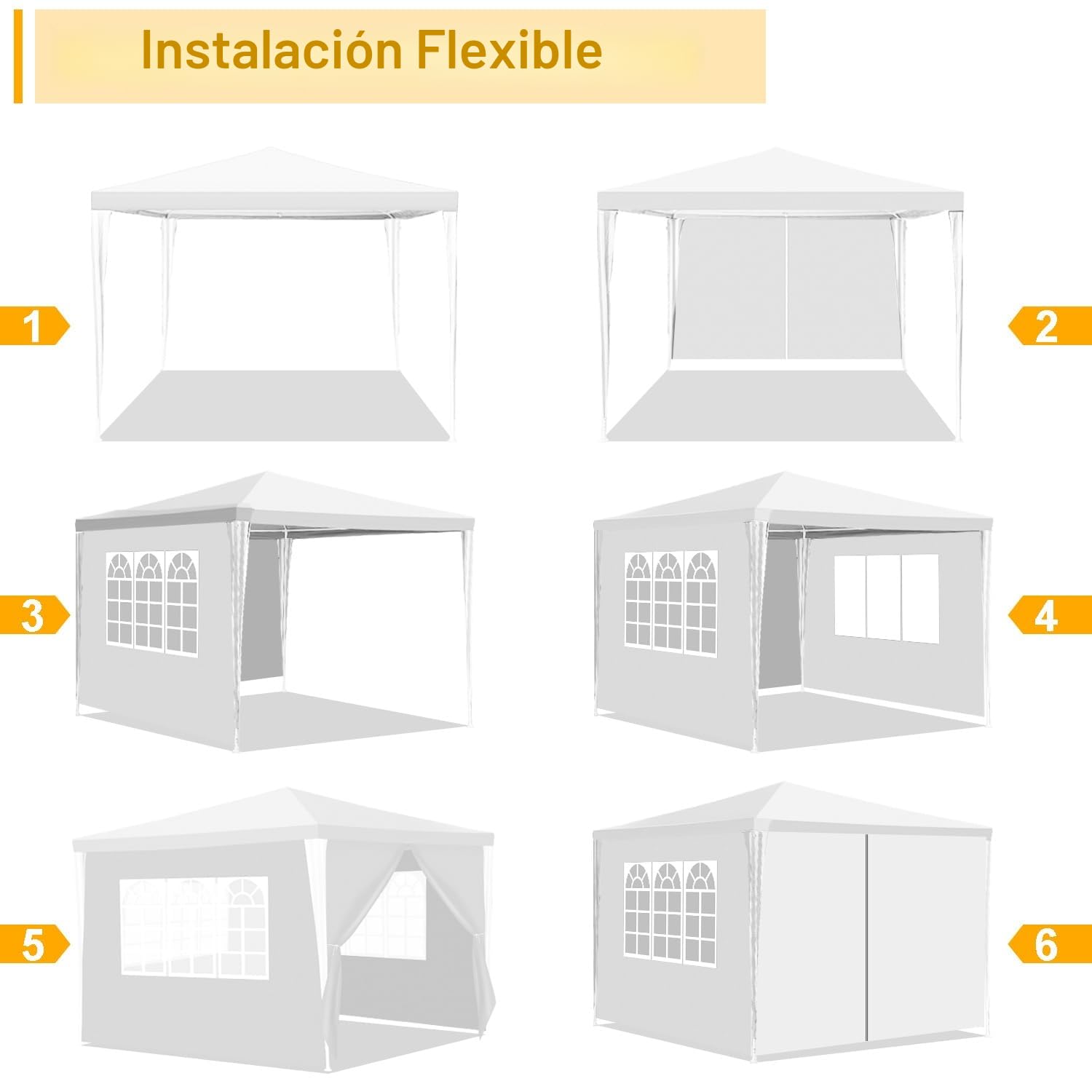 Carpa de jardín de 3 x 3 m, resistente al agua, con paneles laterales y ventanas, protección solar, carpa exterior para fiestas, camping, festivales, color blanco