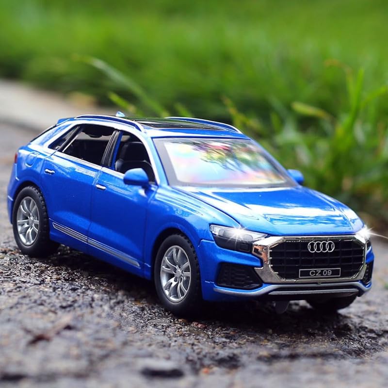 Image of Kids Model 1:32 Q8 Die Cast Metal Car Pull Back Action Opening Doors with Realistic Engine Sound Lights Toy Car Gift for Boys - Blue