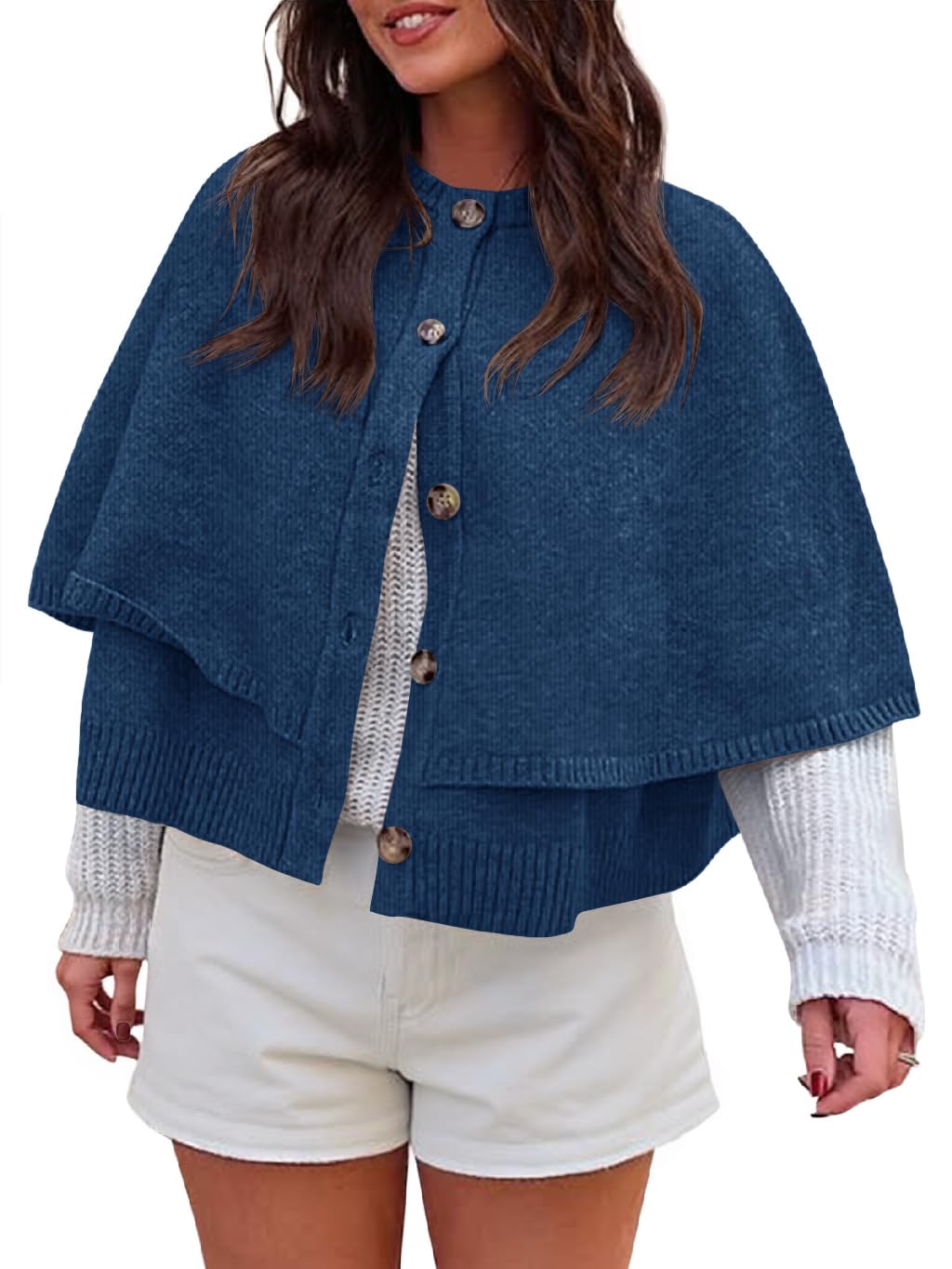 Saodimallsu Womens Cropped Cape Cardigan Button Up Crew Neck Jacket Shawl Fall Trendy Knit Sweater