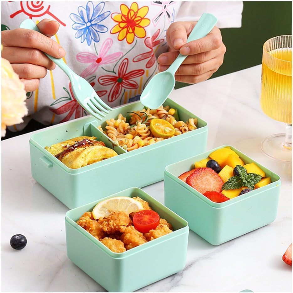 Image of 3 Compartment Lunch Box for Kids & Adults, Double-Decker Lunch Box for Office-School use,Leak Proof & Removable School,Garden,Travel Lunch Boxes (1400ml)(Color May Vary)