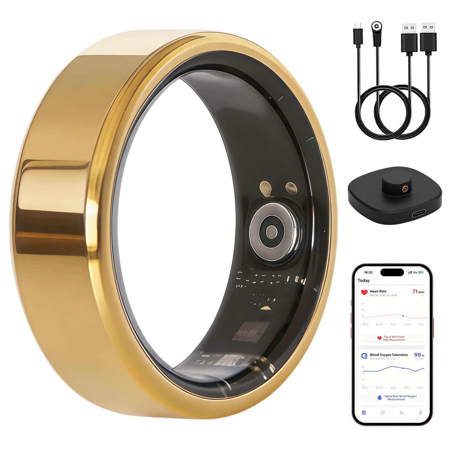 Anillo inteligente para mujeres y hombres, anillo de seguimiento de fitness con estuche de carga, soporta frecuencia cardíaca, HRV, oxígeno en sangre, IP68 impermeable, anillo de seguimiento del sueño