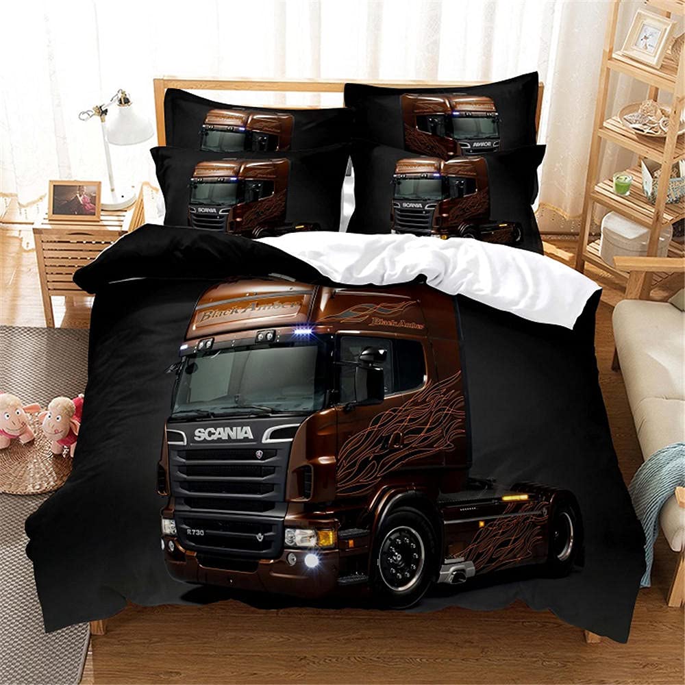 Housse de couette 90x190 camion noir en microfibre douce avec fermeture éclair pour lit 1 place