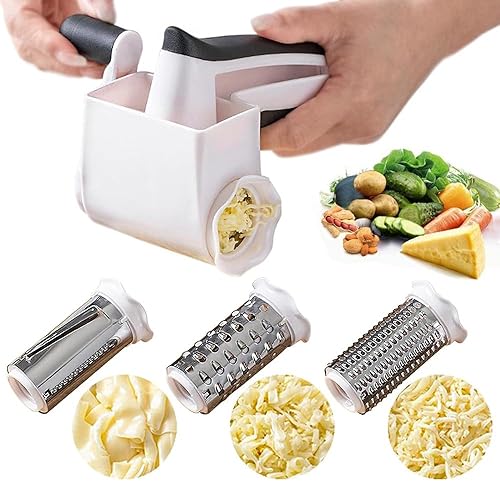 Classic Rotary Cheese Grater with Handle, 3-in-1 Handheld Cheese Grater