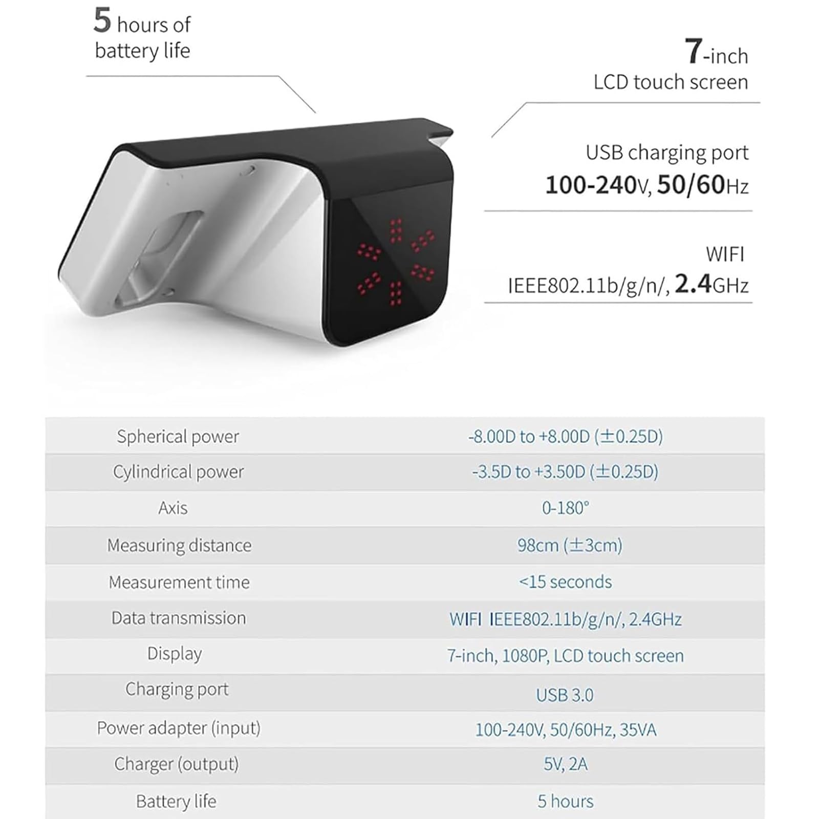 Screener per Vista Portatile Autorefrattometro Palmare Ad Alta Precisione Attrezzatura Oftalmica con Touch Screen LCD 7 Pollici,Distanza di Misurazione 98 Cm,Rilevamento Rapido 3s