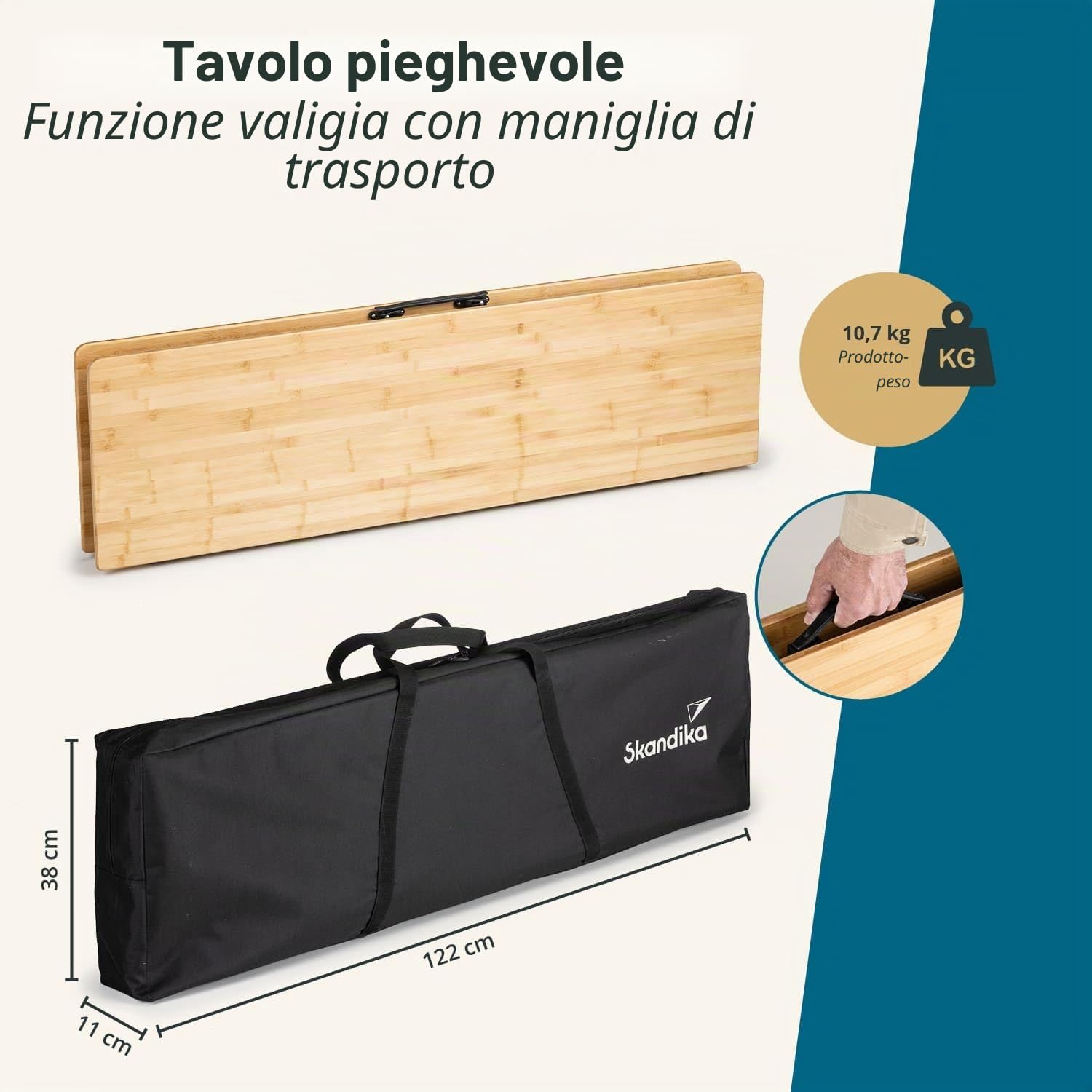 Skandika Tobro Tavolo da campeggio pieghevole | piano in bambù, regolabile in altezza, capacità di carico di 100 kg, resistente alle intemperie, borsa per il trasporto (120x70x70cm)