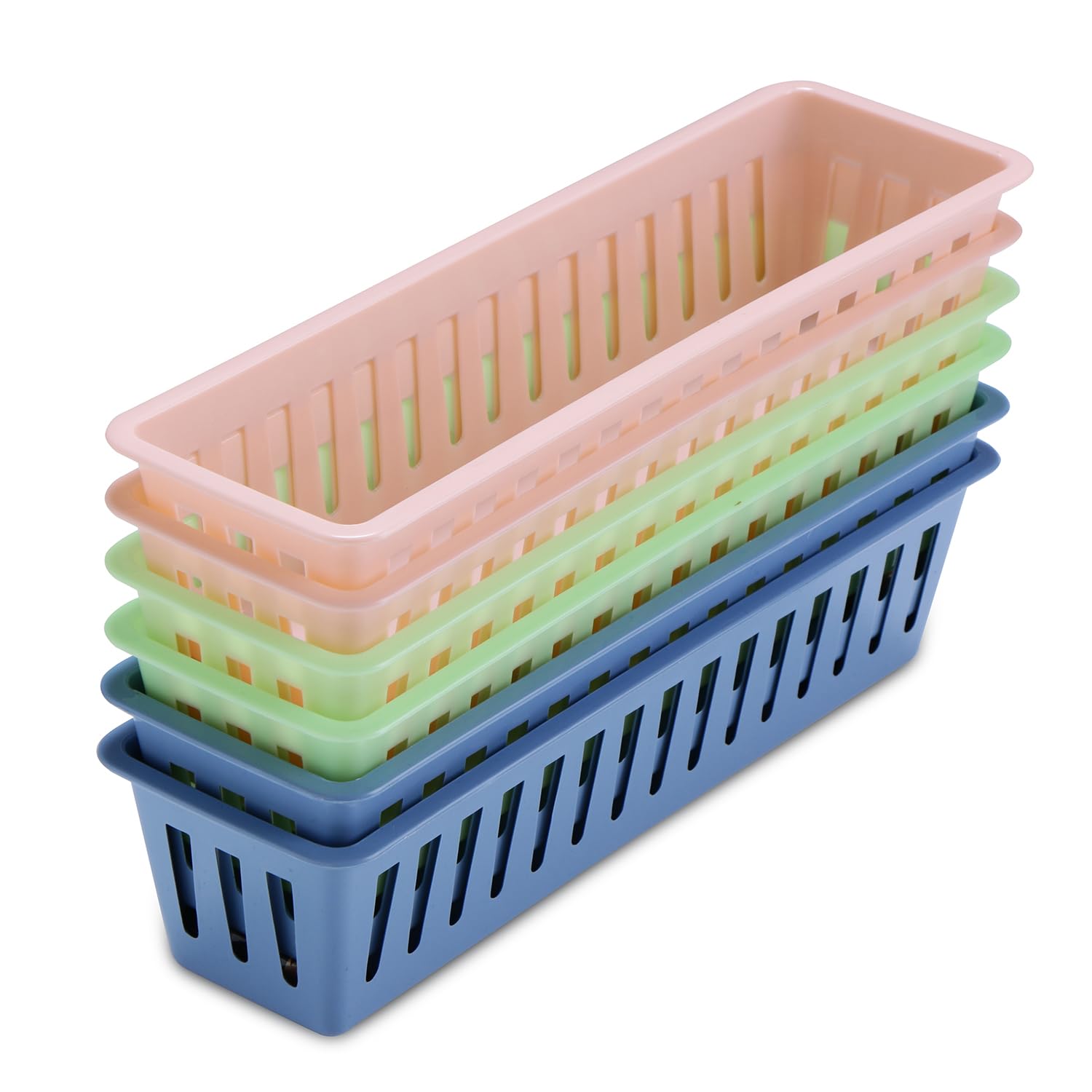 COMET Plastics Multipurpose Drawer Organiser | Set of 6 | 26cm x 8cm x 6cm | Blue, Green, Pink | Suitable To Use In Office, Kitchen, Bathroom, Bedroom dresser, Craft Basket Rack| (Green,Blue Pink)