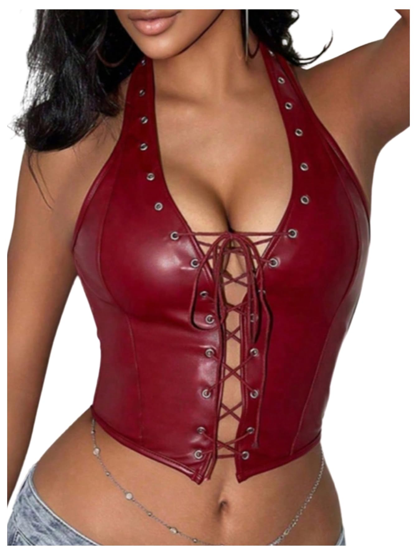 WDIRARA Womens Punk PU Leather Halter Top Grommet Eyelet Tie Front Corset Crop Top