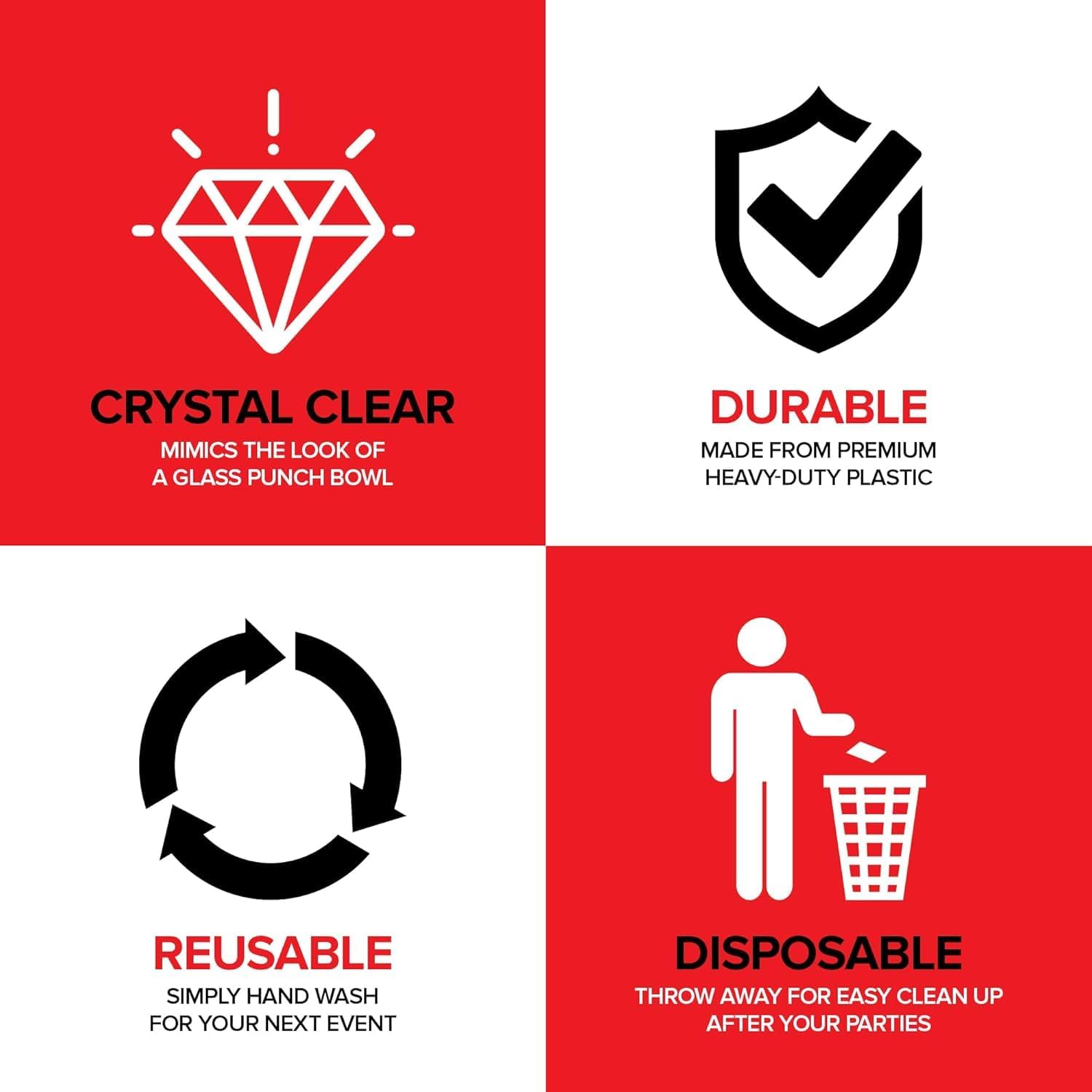 Premium Plastic Punch Bowl with Ladle, Fancy Disposable Punch Bowls for Parties, Holidays, Schools, Halloween, and More, Quality Glass Like Appearance, Large Punch Bowl with Ladle Set 3 Pack