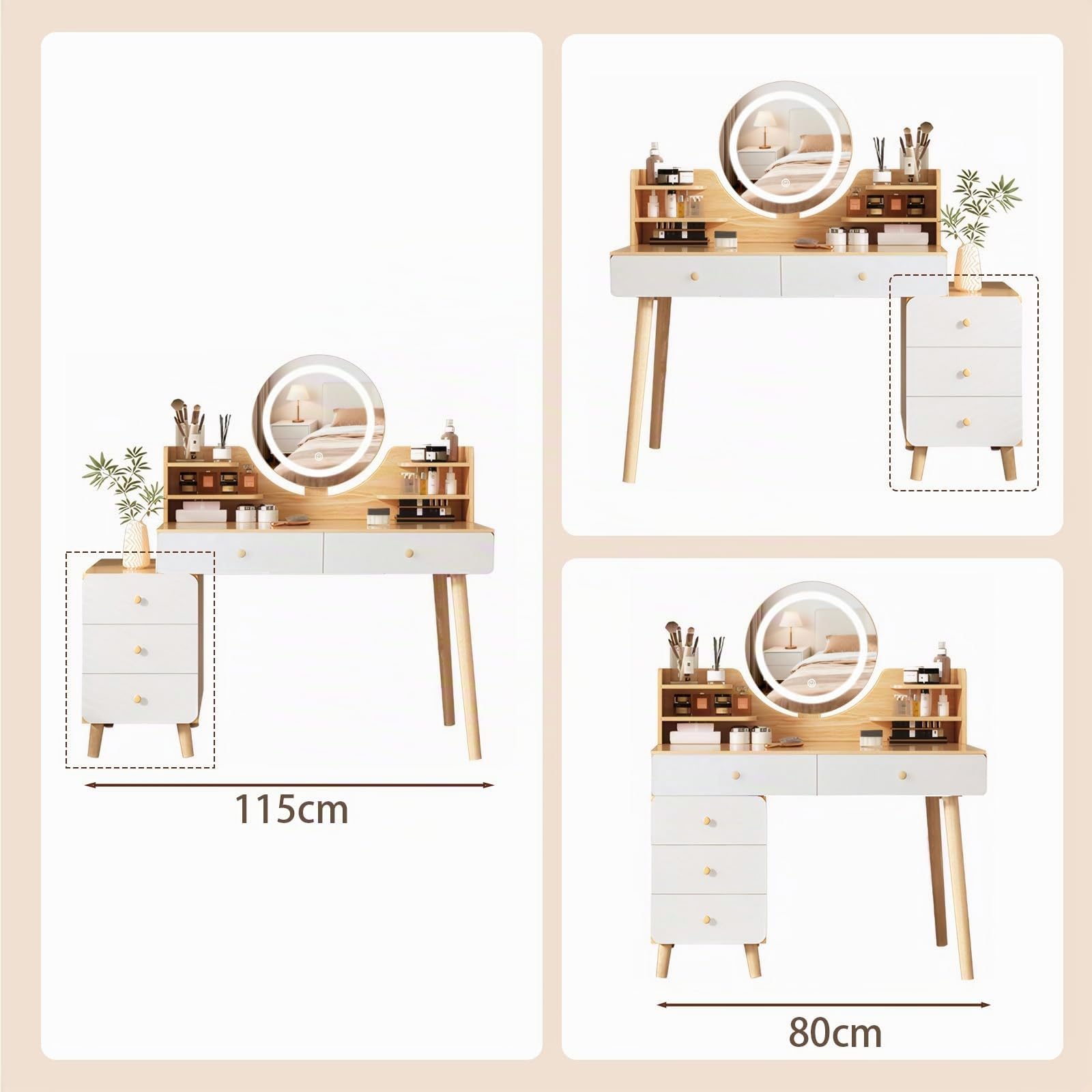 Tocador con Espejo LED, Mesa de Maquillaje con 5 cajones y 6 estantes de Almacenamiento, 40 x 80 x 134 cm, Escritorio tocador con Almacenamiento Extensible, Estilo Moderno de Madera, Blanco