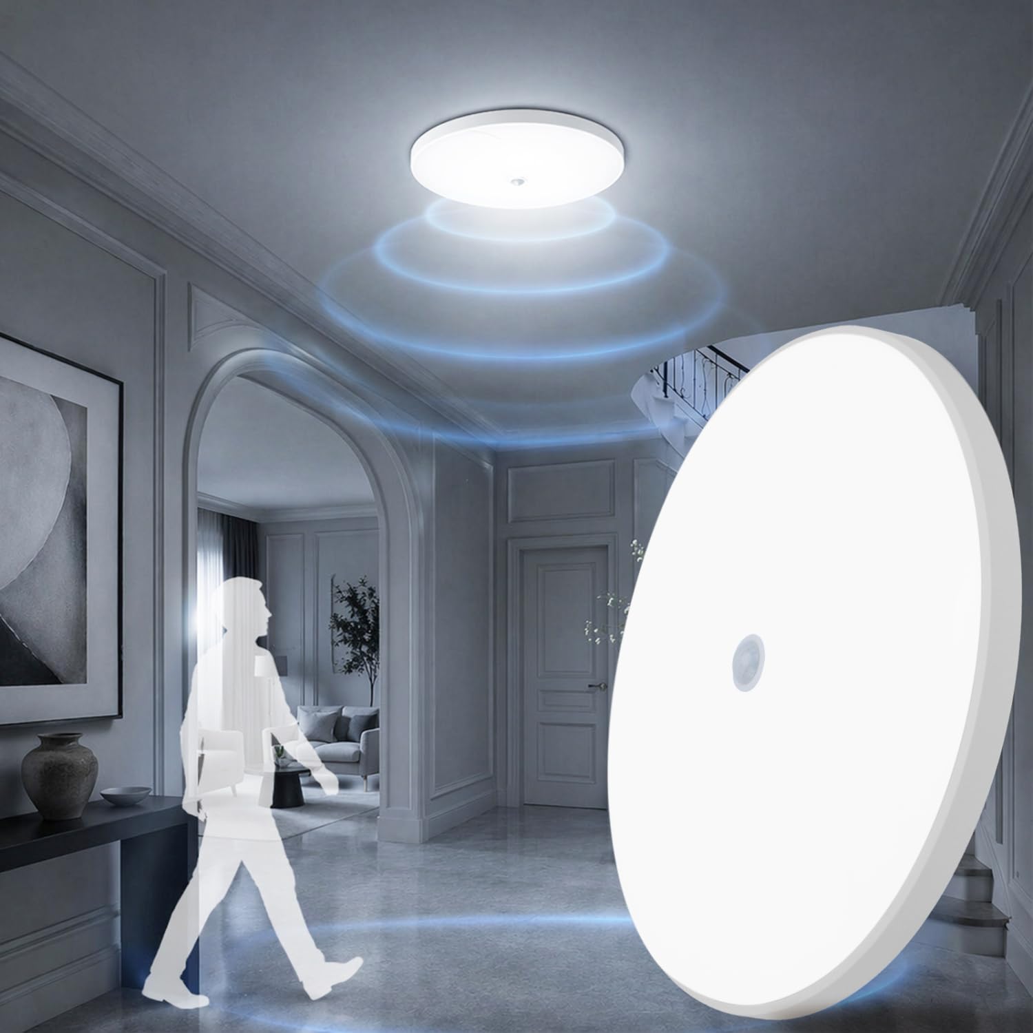 LED Deckenleuchte mit Bewegungsmelder 24W 3240lm 6500K Weiß, 7er-Pack Ø32,2cm Deckenlampe Dämmerungssensor, Ideal für Flur Keller Garage 15-20㎡,Pack de 7 unidades