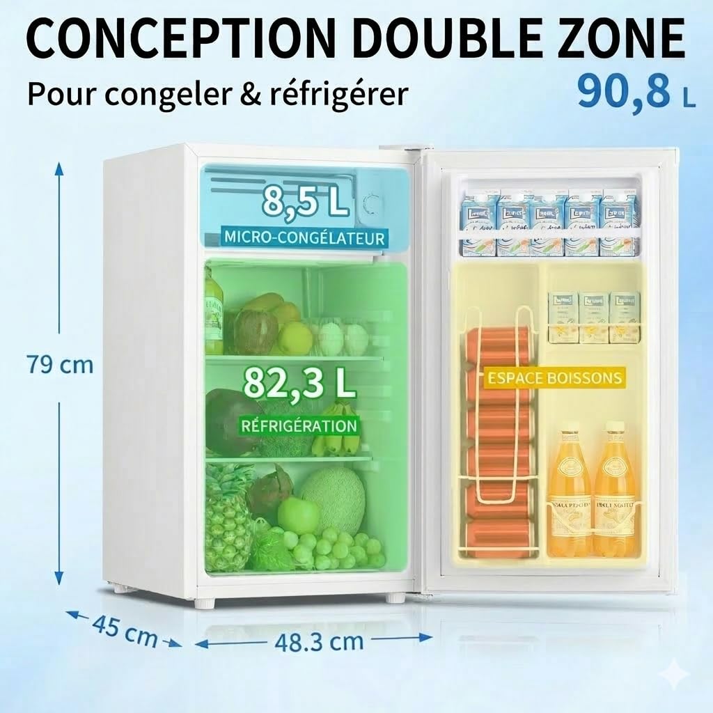 DollarDash 90.8L Mini-réfrigérateur avec congélateur, Petit réfrigérateur à porte individuelle, réfrigérateur dortoir avec 7 thermostats réglables, Économie d'énergie, silencieux, Blanc - 2