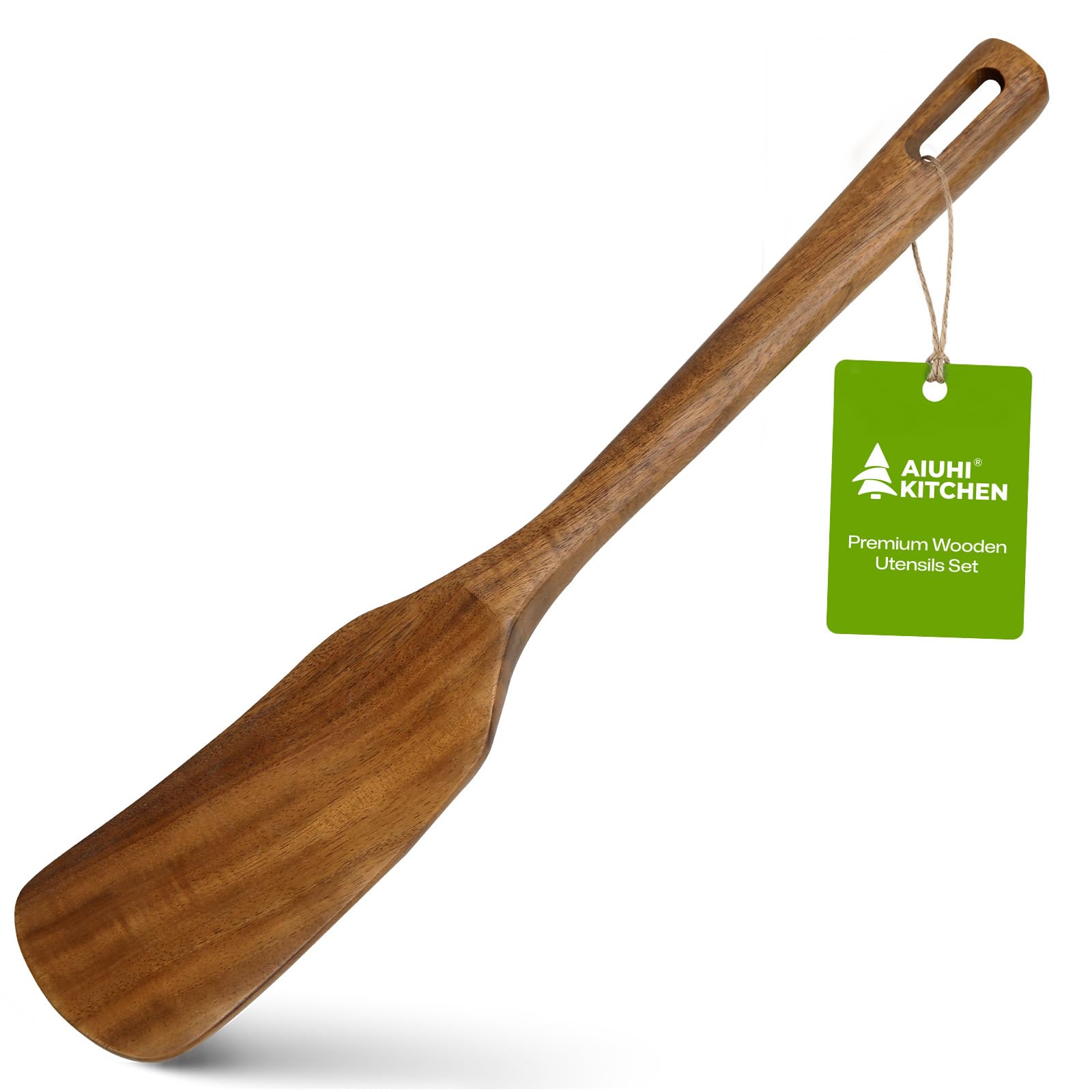 AIUHI Teak Wood Wok Spatula, Extra Long Wooden Spatula for Cooking, Non-Stick Safe Wooden Turner with Hanging Hole, Ideal for Stir-Frying & Mixing
