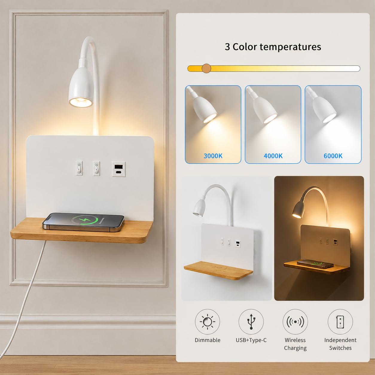 Weiß LED Bett Wandleuchte mit 15W Wireless Charger, USB-C & USB-A Anschluss | 3 Farbtemperaturen LED Leselampe mit Flexibler 360° Schwanenhals, Wandlampe Schlafzimmer mit Ablage, Stecker 1,5m Kabel
