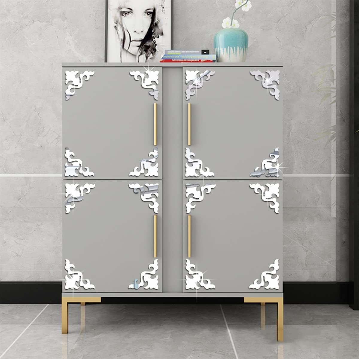ECYC Ltd 4 Pcs 3D Acrylic Mirror Wall Decal Stickers Removable Mirror Wall Stickers Corner Onlay Applique Self Adhesive Floral Mirror Stickers for Home Wall Furniture Cabinet Decor, 7.8 x 7.8 inch