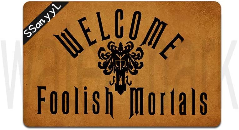 Funny Front Door Mat Welcome Foolish Mortals Doormat Rubber Non Slip Backing Funny Doormat for Outdoor/Indoor Uses, Low-Profile Rug Mats for Entry 23.6"(W) X 15.7"(L)