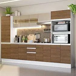 Cozinha Completa 100% MDF Madesa Smart 300 cm Modulada Com Armário e Balcão - Branco/Rustic/Crema