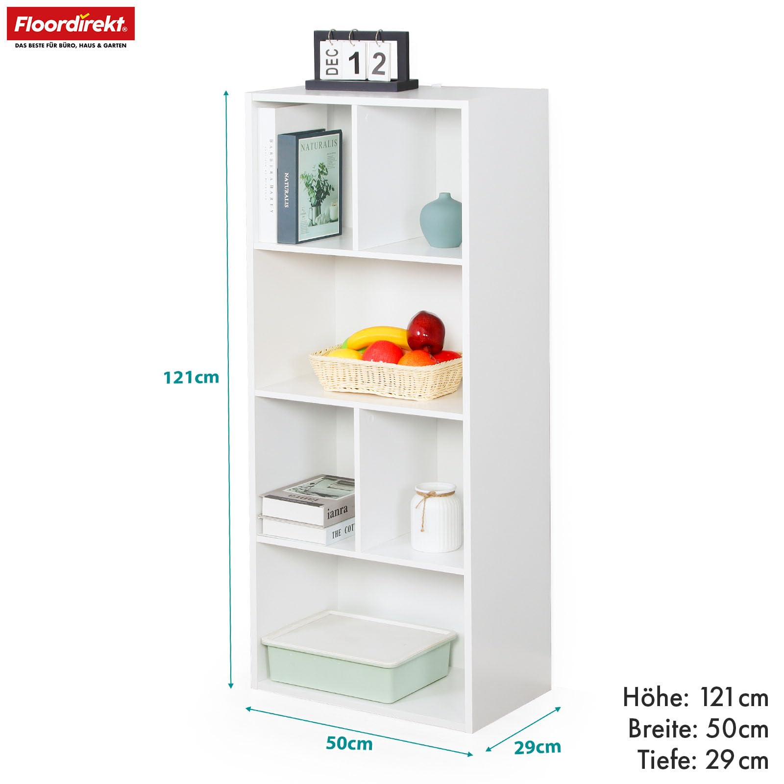 Floordirekt Regał na książki, biały z 6 półkami, regał w kształcie kostki, 29 x 50 szer. x 121 wys. cm, ścianka działowa do pokoju dziecięcego, salonu, biura i sypialni (California)