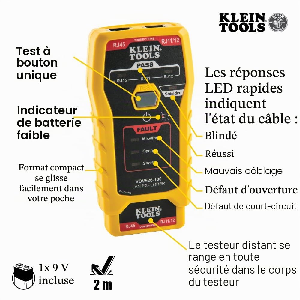 KLEIN TOOLS Testeur de câble réseau LAN Explorer™ - Testeur de câble de données avec unité à distance
