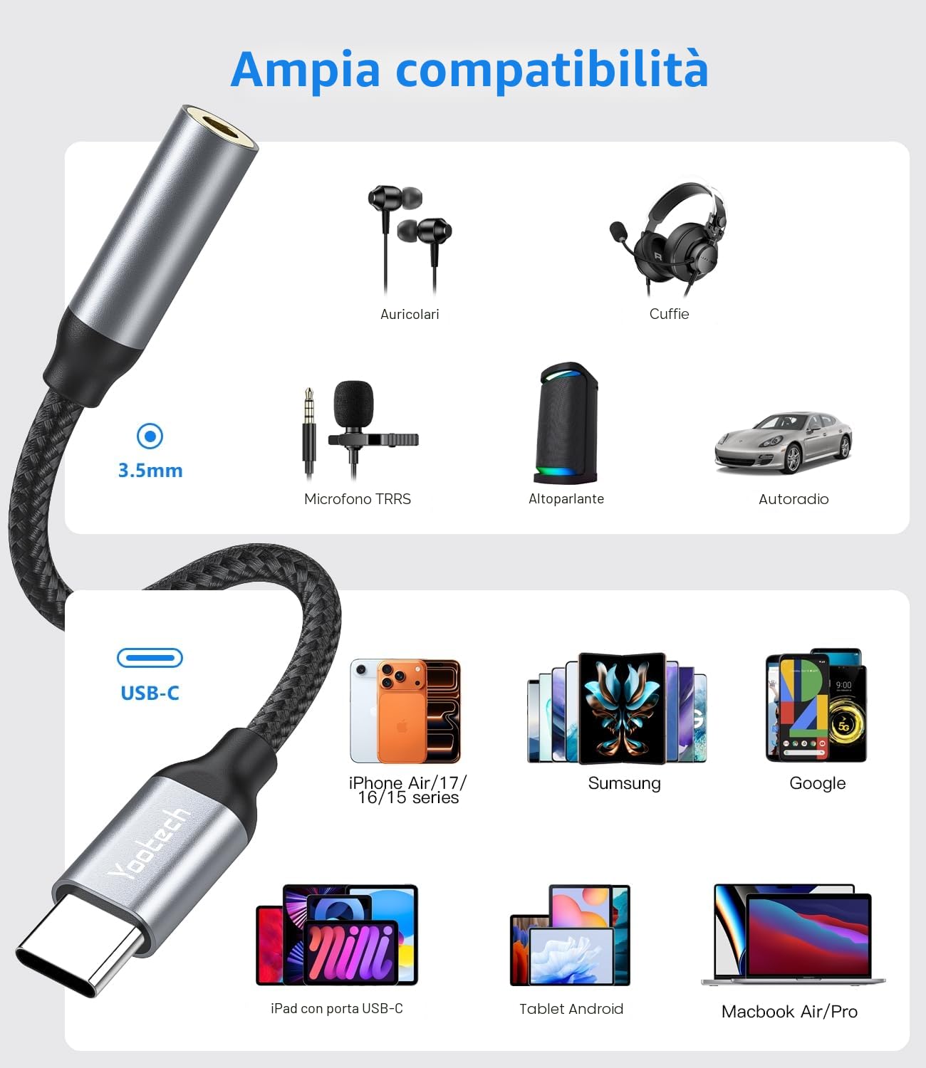 Adattatore USB C Jack 3.5mm, Adattatore Audio USB C a Cavo Dongle Aux per iPhone 16 15 Pro Max Plus, per Samsung Galaxy S24 S23 Ultra Note 20, Pixel 4 3 2 XL e altro