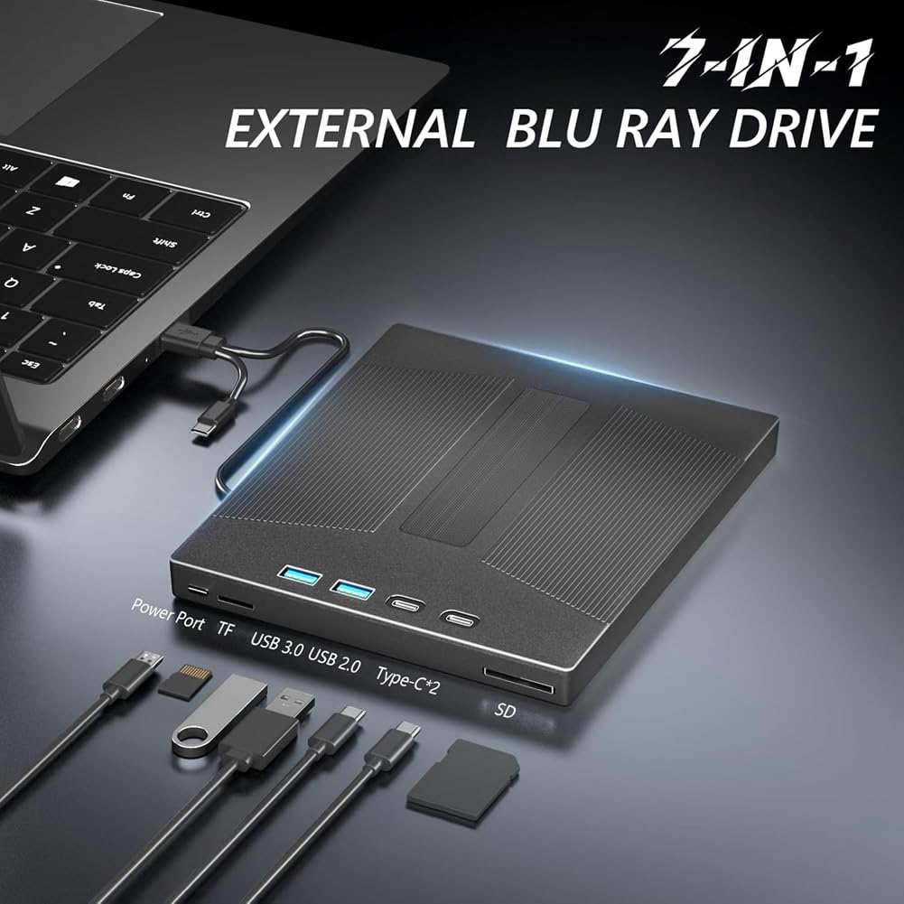Unidad de BLU-Ray Externa 7 en 1, Compatible con Lectura y Escritura de Discos de 100 GB, Grabadora de BD/CD/DVD para PC, Portátil y de Escritorio.