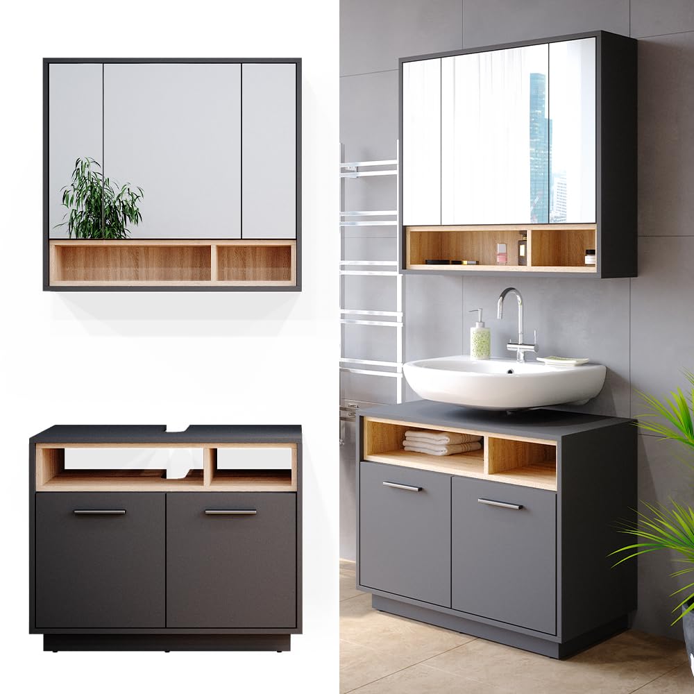 Vicco Badmöbel-Set Beatrice, Anthrazit, 80 cm, besteht aus Badspiegel und Waschbeckenunterschrank