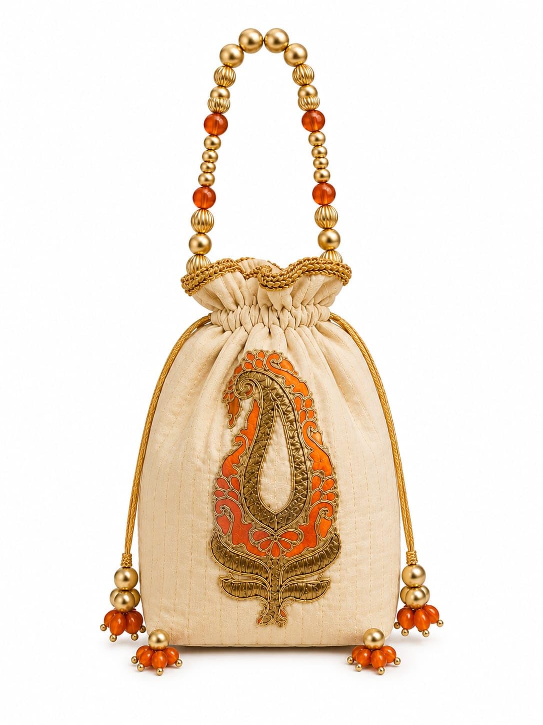 ART HORIZONS Cream & Orange Silk Potli Bag Paisley Embroidery and Beaded Handle-picture-38