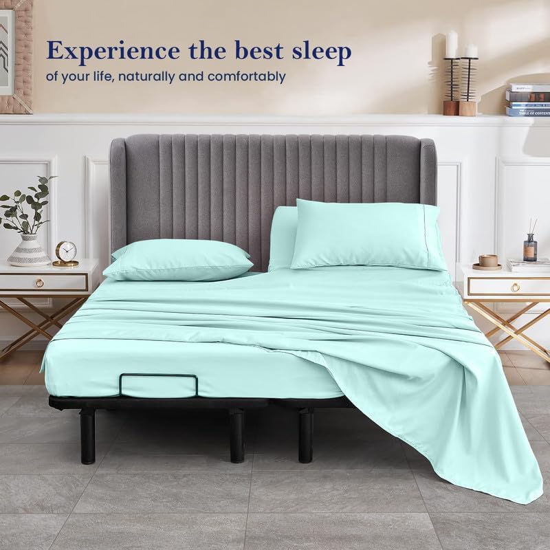 Top Split Cal King Size Flex Head 4 Piece Sheet Set for Split-Head Adjustable Bed, 32" Top Split, 800 Thread Count 100% Egyptian Cotton, Fits Up to 15" Deep Pocket, Aqua-Blue Solid