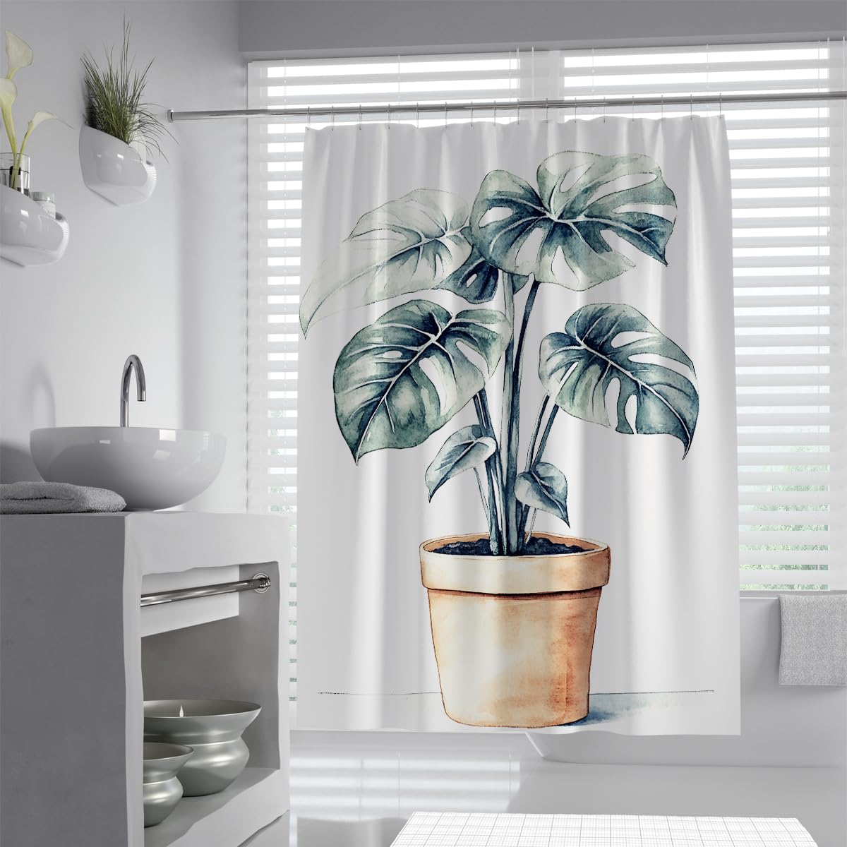 UIRINGART Potted Monstera Plant Botanical Greenery Shower Curtain W100xL180cm Fresh Tropical Split Leaf Cheese Pattern Fabric Anti Mould Machine Washable Bathroom Screen Decor