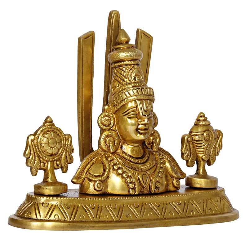 Kartique Brass Tirupati Balaji Face Idol Vishnu Chakra Namah Shankh Gold Height 5.5 Inch