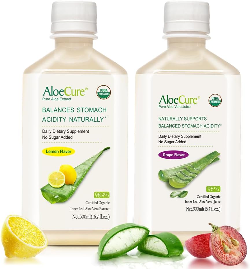 AloeCure Suco Orgânico de Aloe Vera - Pacote de Amostra com 2 Garrafas - Sabor Limão e Uva - 2x500ml