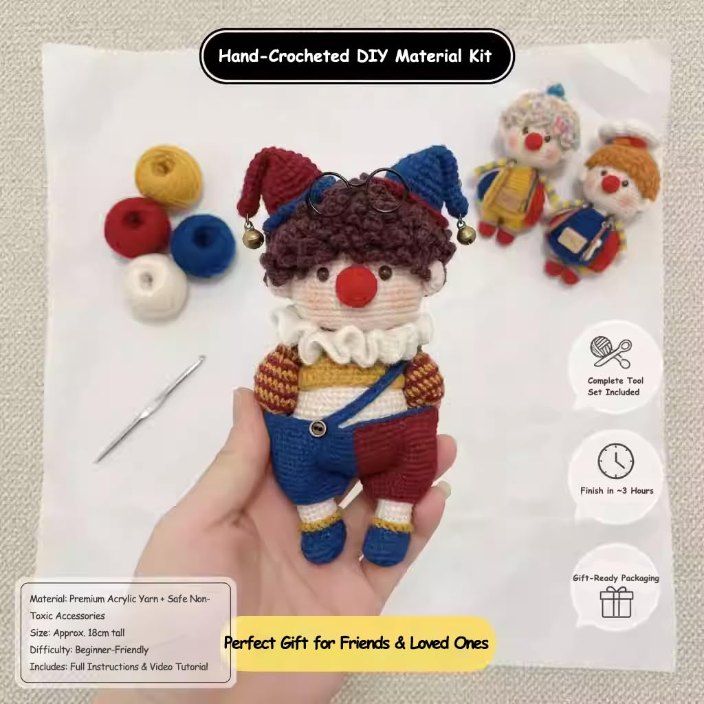 Genérico Adorably Ugly Clown Crochet Kit - DIY Amigurumi Craft Set with Yarn, Hook, Pattern & Video Tutorial - Perfect Beginner-Friendly Gift for Kids & Adults (3 Sets of Tools with Tutorial)
