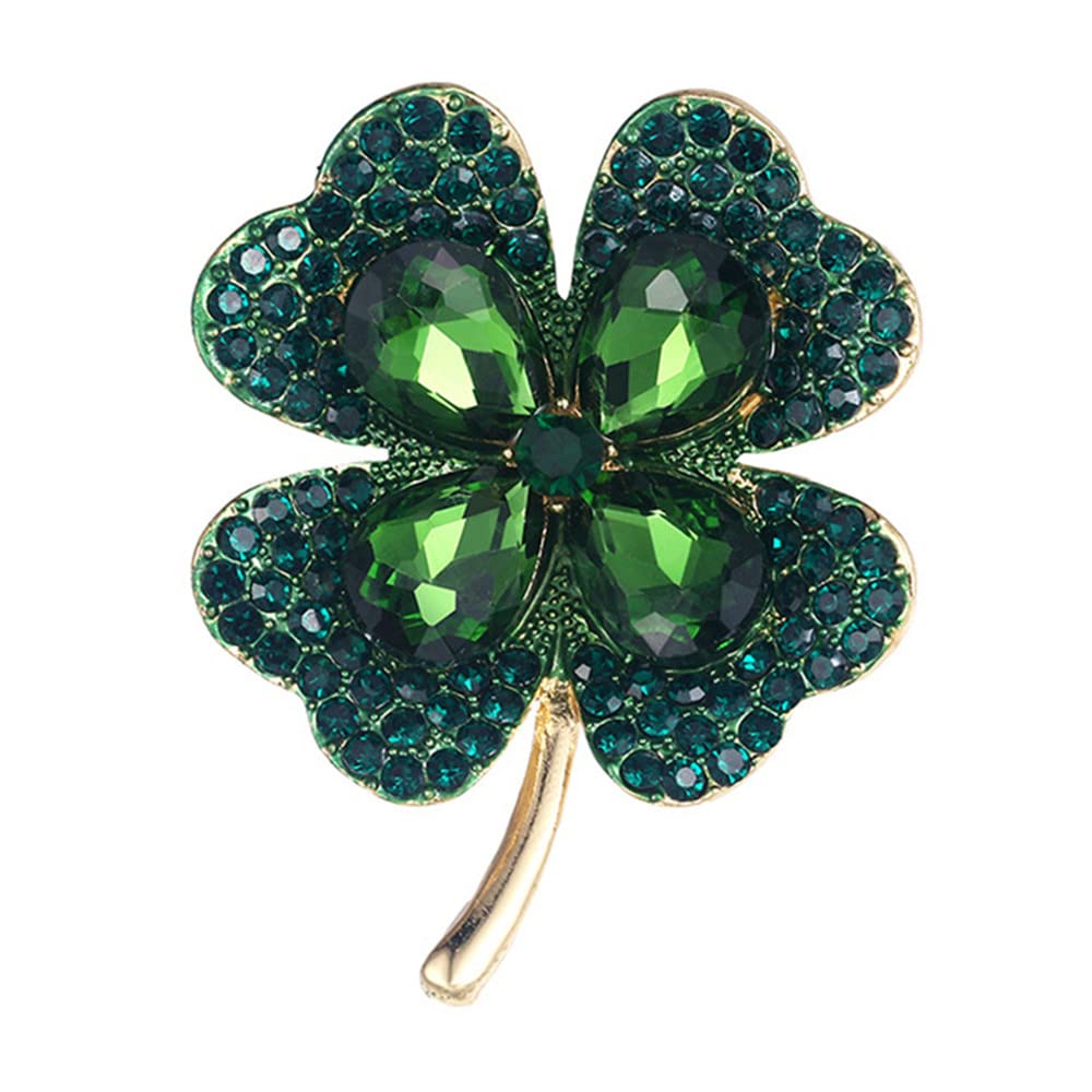 DtjaRhinestone Green Clover Leaf Brooch Pin for Women Girls Unisex Gold Plated Vintage Crystal Flower Brooches Lapel Pins Lucky Decor Dress Accessories St Patrick's Day Holiday Christmas Jewelry Gift