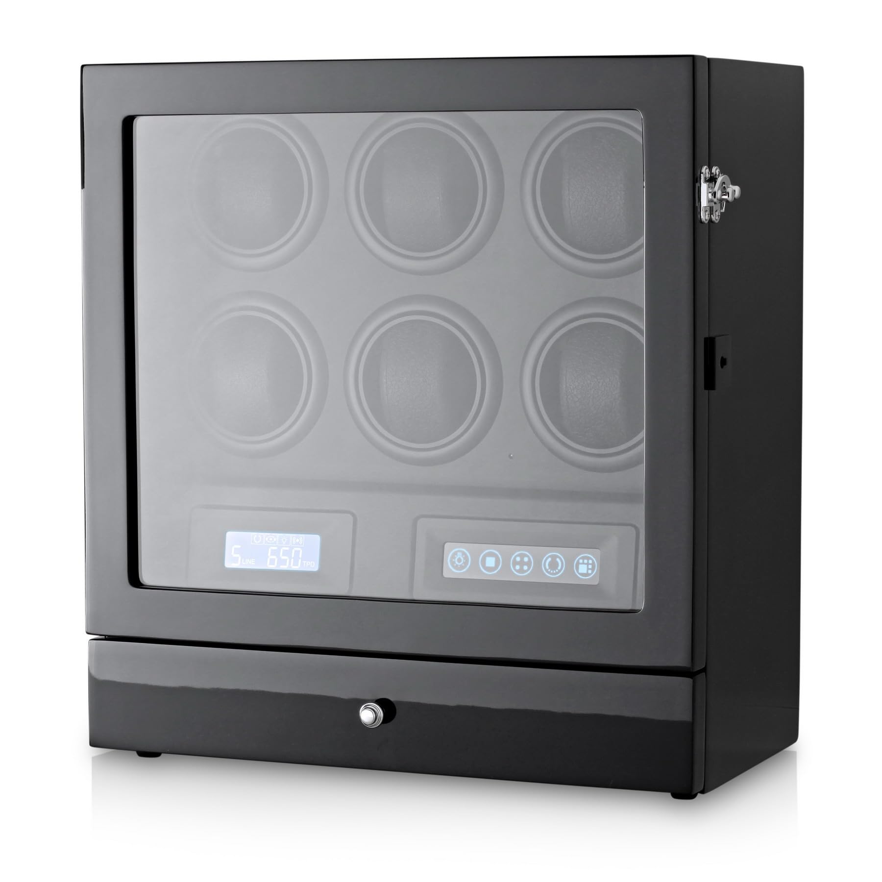 Automatic Watch Winder with LED Light, Storage Drawer and LCD Touchscreen Control (Black + Black)