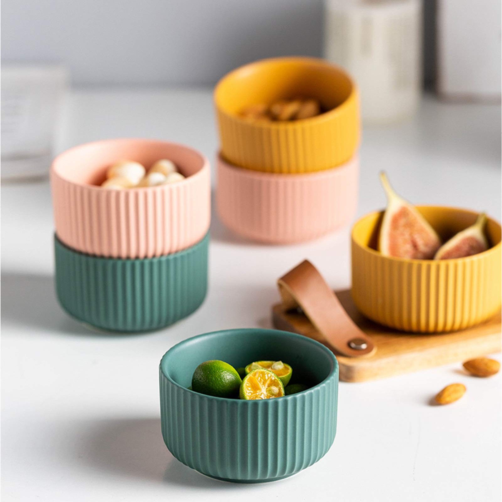 Ciotoline da Snack 3pcs ciotole di immersione in ceramica con vassoio in legno stile giapponese in immersione in salsa di salsa / piatti adatti for dips, cereali, insalate, dessert (giallo / verde / r