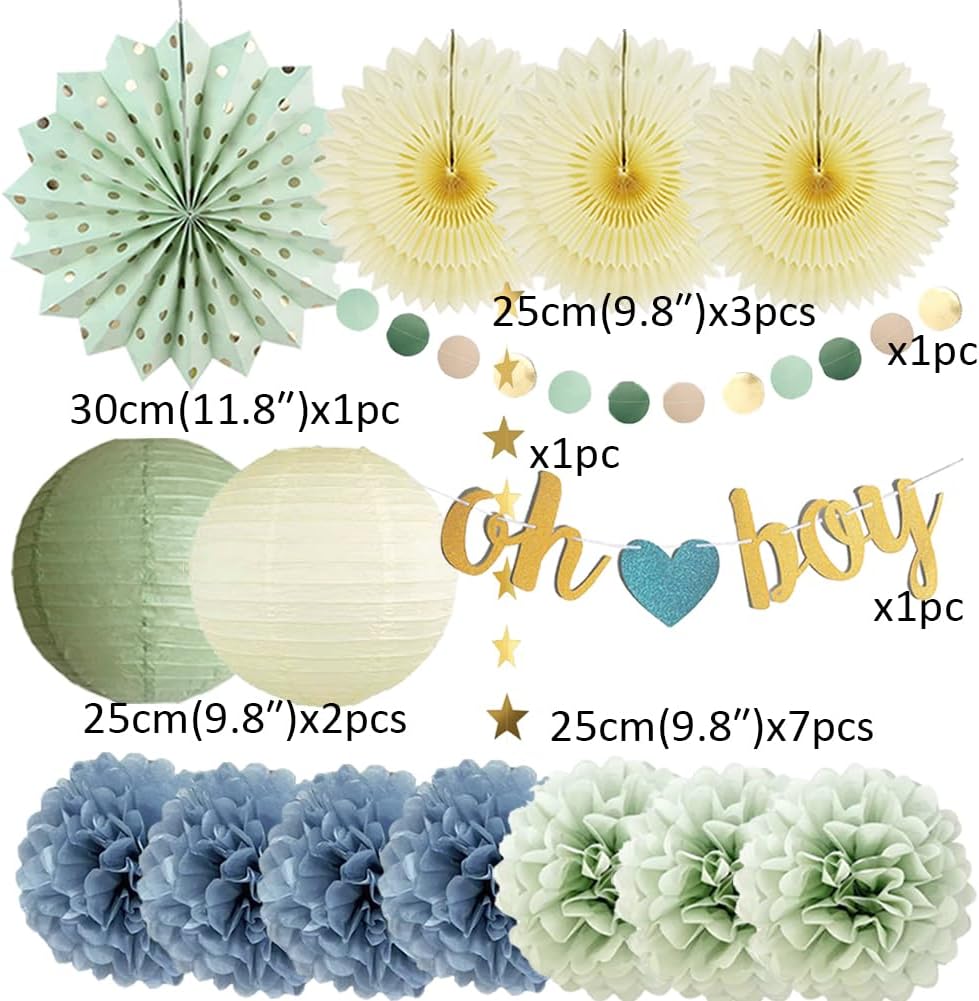 Oh Boy Dusty Blue and Sage Green Baby Shower Decorations Dusty Blue Green Yellow Baby Shower Decorations Pastel Yellow Paper Fans Poms Lanterns with Oh Boy Banner Gold