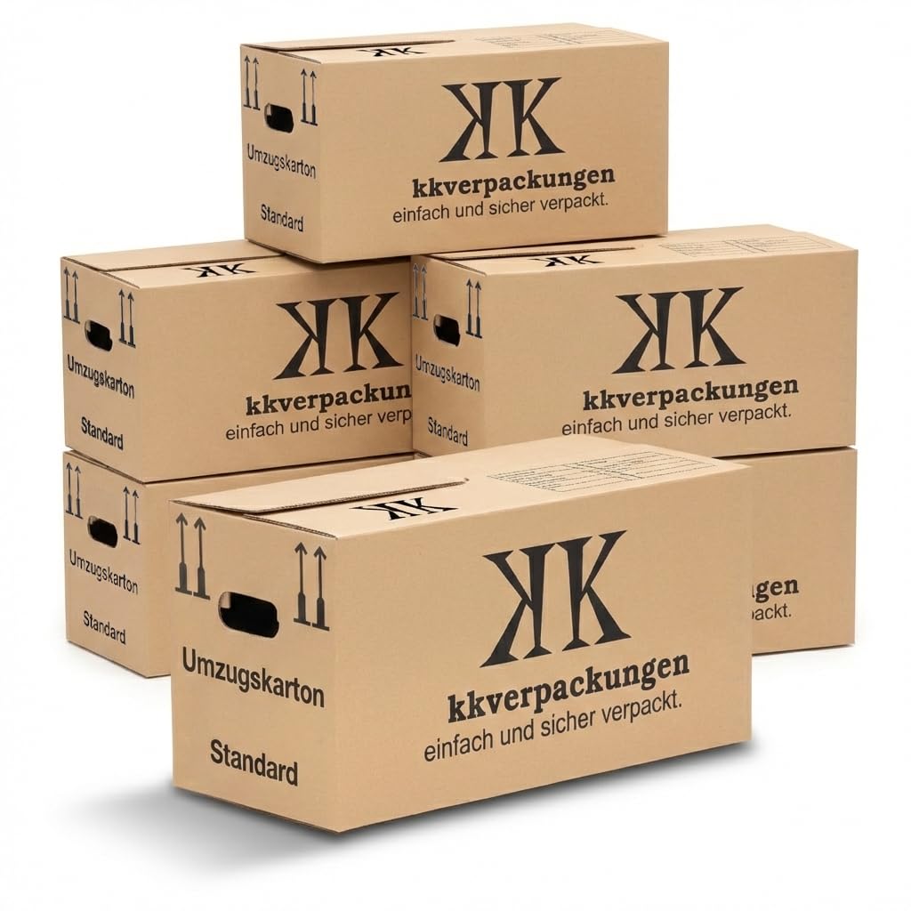 KK Verpackungen 20 Umzugskartons | Exklusiv: Griff-Verstärkungsfaden | 65 Liter, extra groß, 63x29x33 cm Umzugskisten, Nachhaltig, Beschriftungsfeld groß, Aufbewahrungsbox für schwere Lasten & Archiv