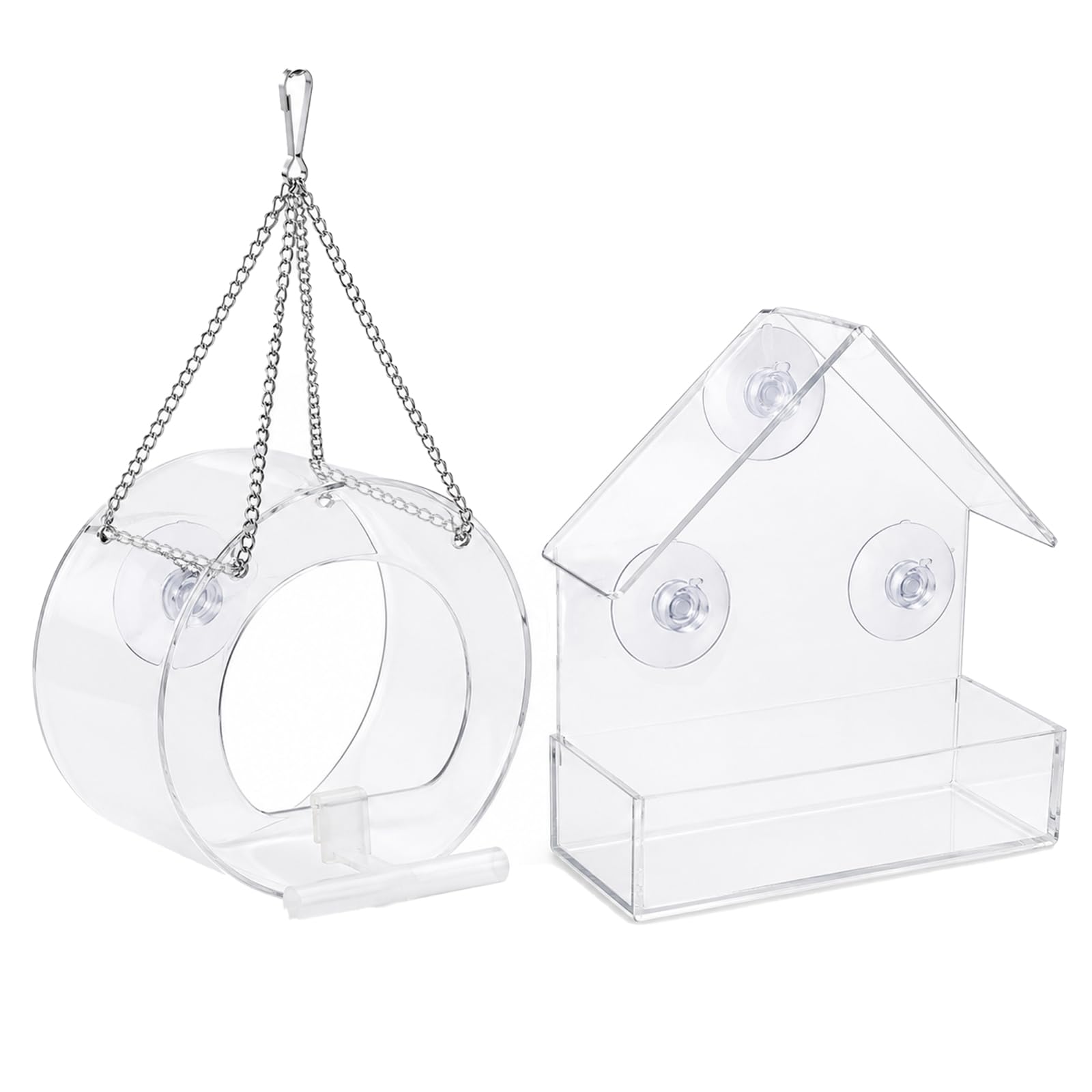EOAMGO 2 Pack Window Bird Feeders for Small Birds, Acrylic Bird Feeders with Strong Suction Cups, Hanging Bird Feeder & Window Bird Feeder Combo, Clear Bird Feeders for Outside Glass Window