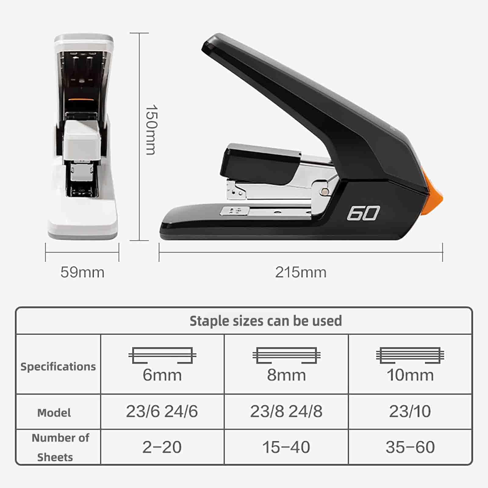 Tacker Büro Heftgerät Fassungsvermögen 60 Blatt Kompatibel Mit Heftklammern Der Größen 23/10, 23/6, 24/6 Und 24/8 (Black,215x59x150mm)
