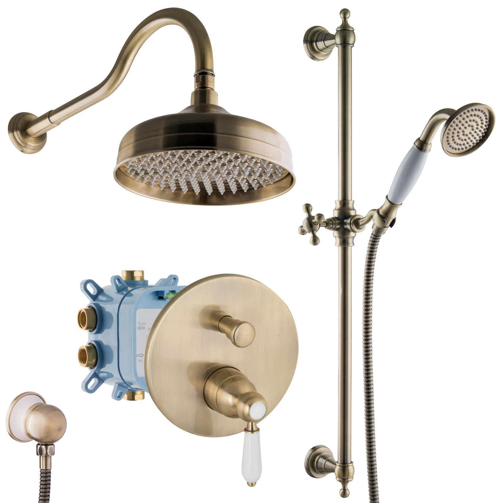 Set de Ducha Empotrado Retro Nostálgico Latón Bronce, Ducha de Cabeza 20 cm, Barra y Mano, Montaje en Pared