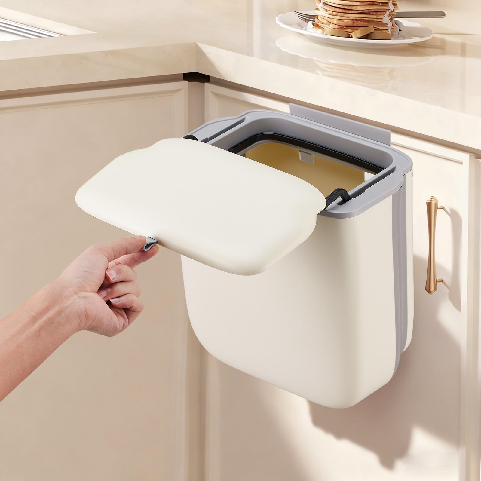 Kryndle Food Waste Bin, 14L Kitchen Compost Bin, foldable, Beige