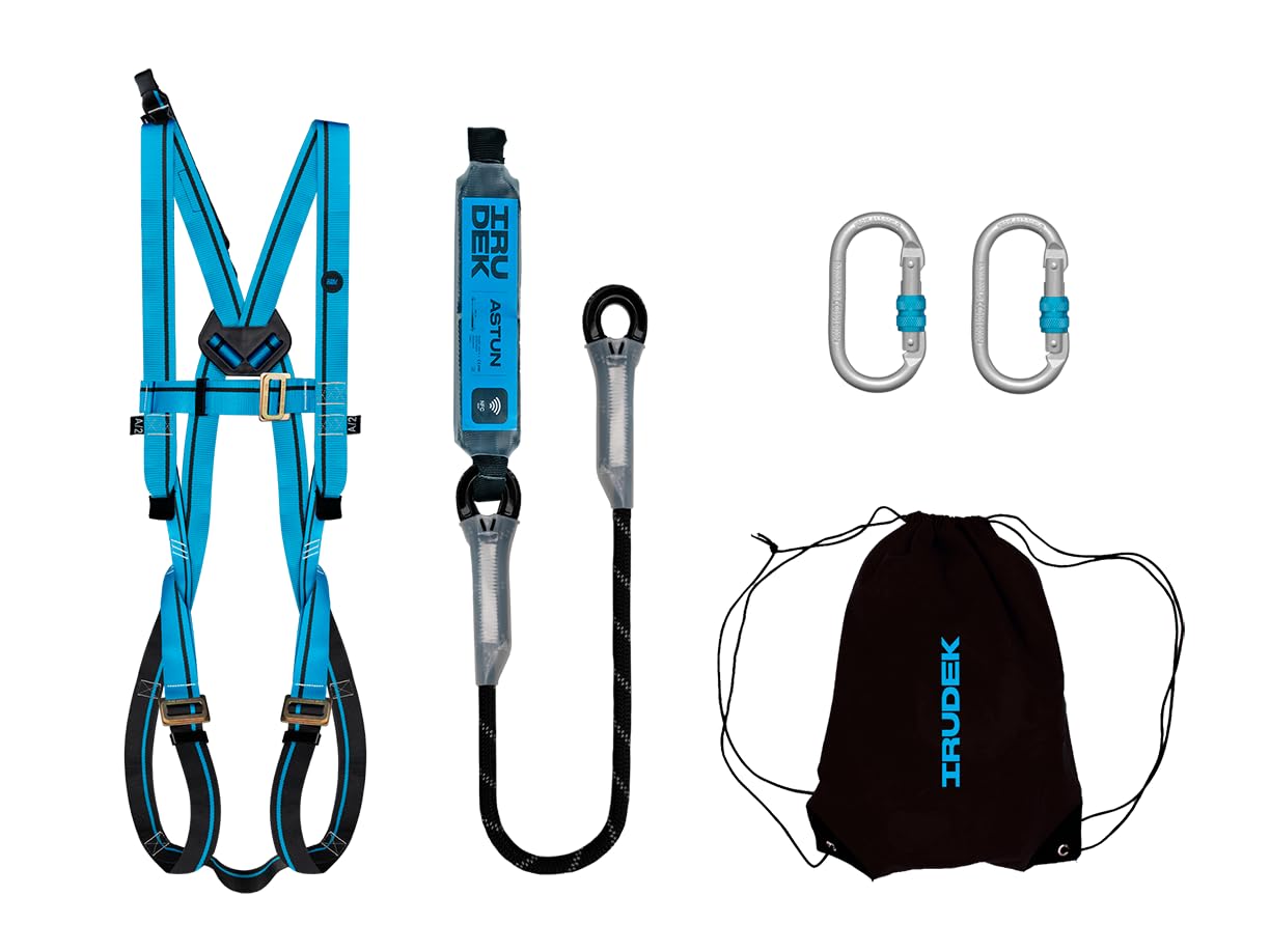 Irudek APENINOS XXL–XXXL – Kit de seguridad con arnés LIGHT PLUS 2, absorbedor ABE 361 (150 cm), 2 mosquetones STEELSAFE 981 y bolsa LIGHTBAG 10L, componentes certificados EN 361, EN 362 y EN 355