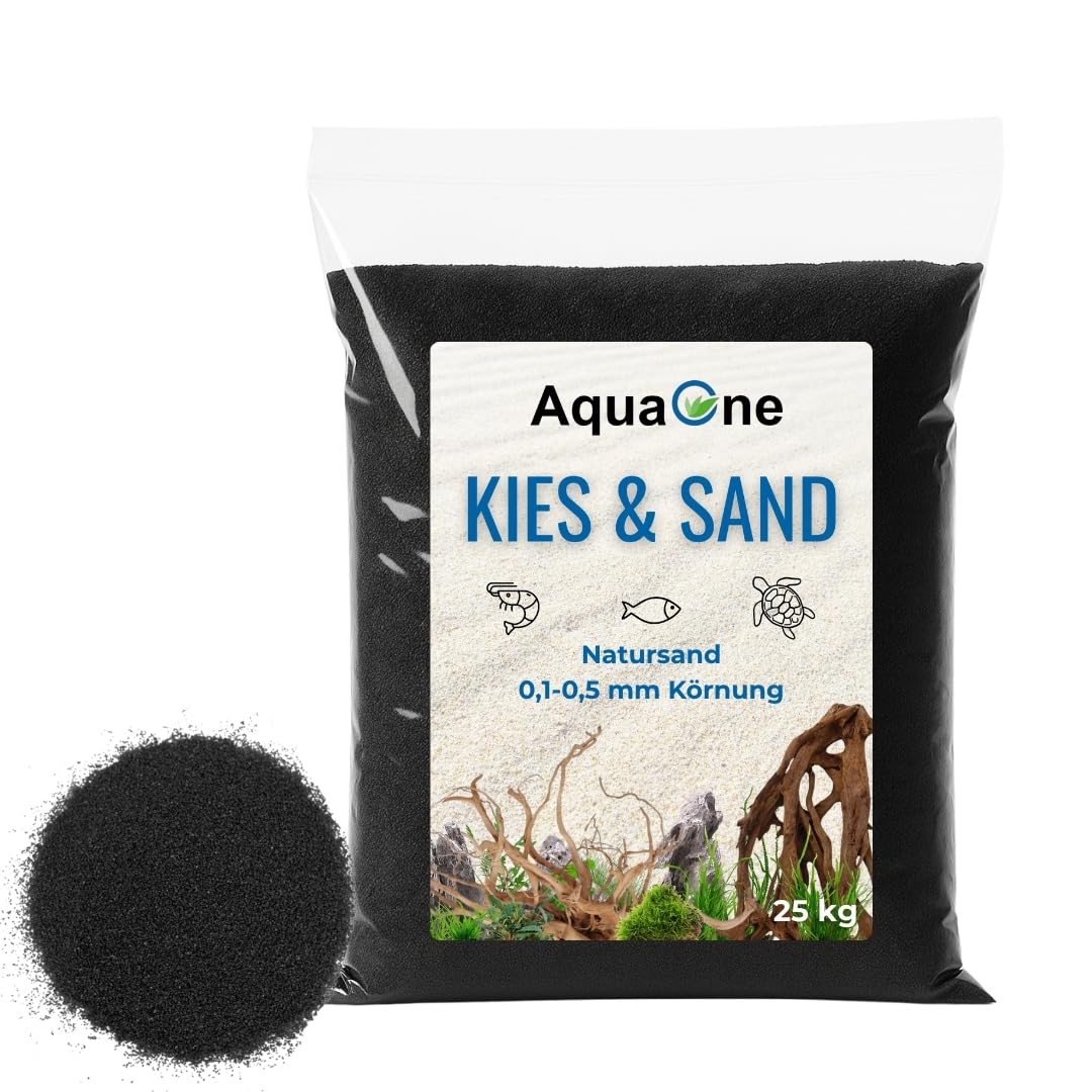 AquaOne Sable d'aquarium - 25 kg - Noir - 0,1-0,5 mm - Qualité supérieure - Sable de quartz à grain fin - Gravier décoratif d'aquarium