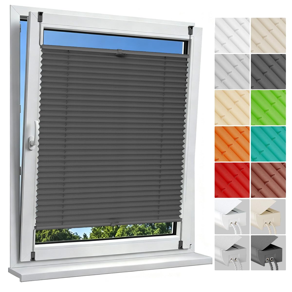 Allesin Plissee ohne Bohren Plissees Klemmfix Anthrazit 40x120cm(BxH), Plisseerollo Faltrollo mit Klemmträger, Jalousie Rollos für Fenster und Tür, Sichtschutz und Sonnenschutz