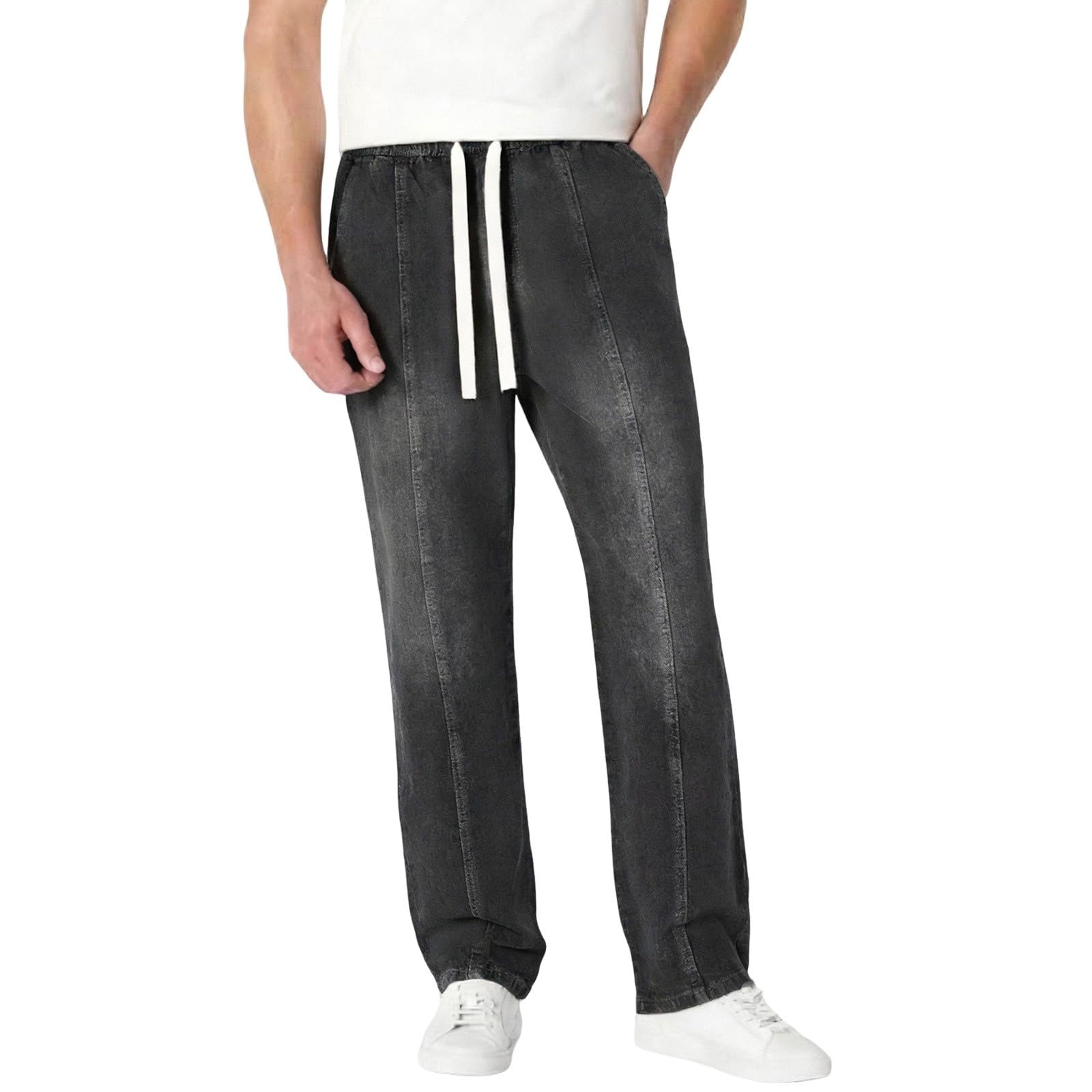 Pantalones vaqueros de corte recto para hombre, pantalones vaqueros holgados lavados, vintage, pantalones casuales, corte regular, cintura elástica con cordón, pantalones vaqueros para hombres