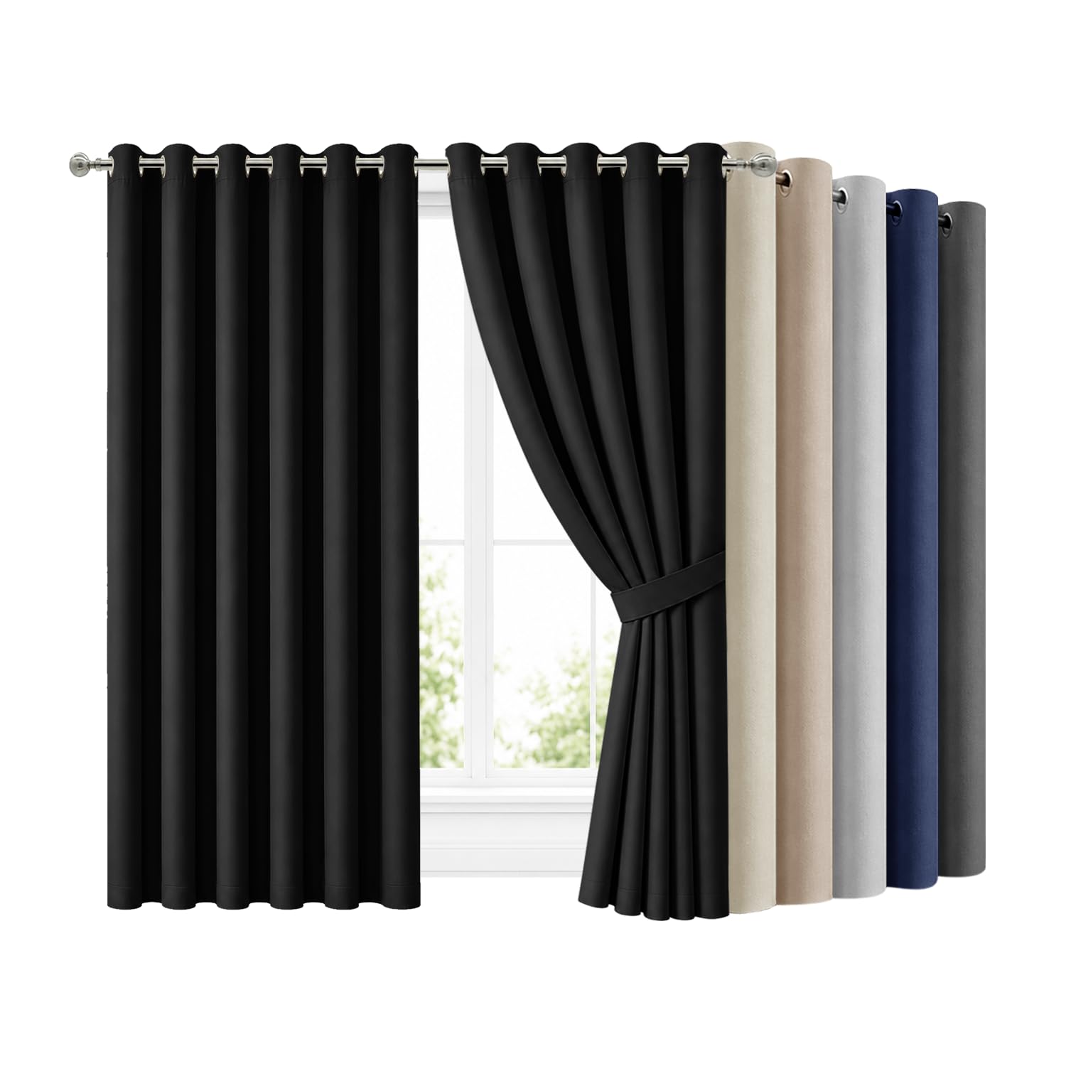 Hafaa Blackout Eyelet Curtains for Bedroom 90x72 Inch Black Super Soft Thermal Curtains for Living Room 2 Panels Curtain and Drapes with Matching Tiebacks